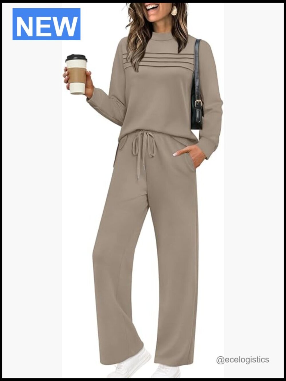 Two Piece Lounge Set Long Sleeve Side Slit Wide Leg Pants S-3XL